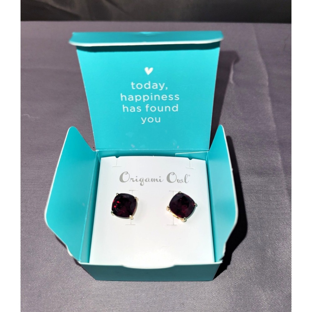 Origami Owl Red Crystal Square Cushion Stud Earrings Gold Tone Butterfly ER3048